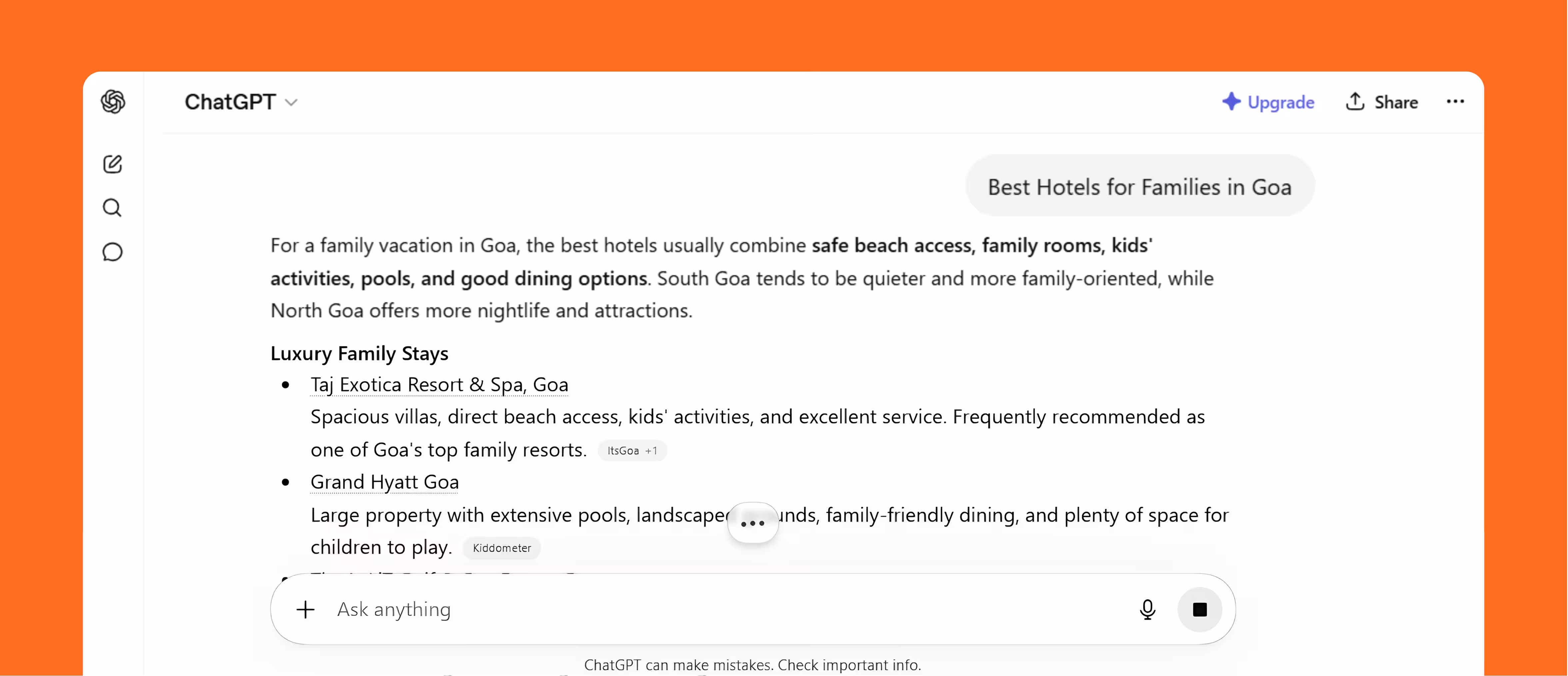 Best hotels for families in Goa AI recommendation example