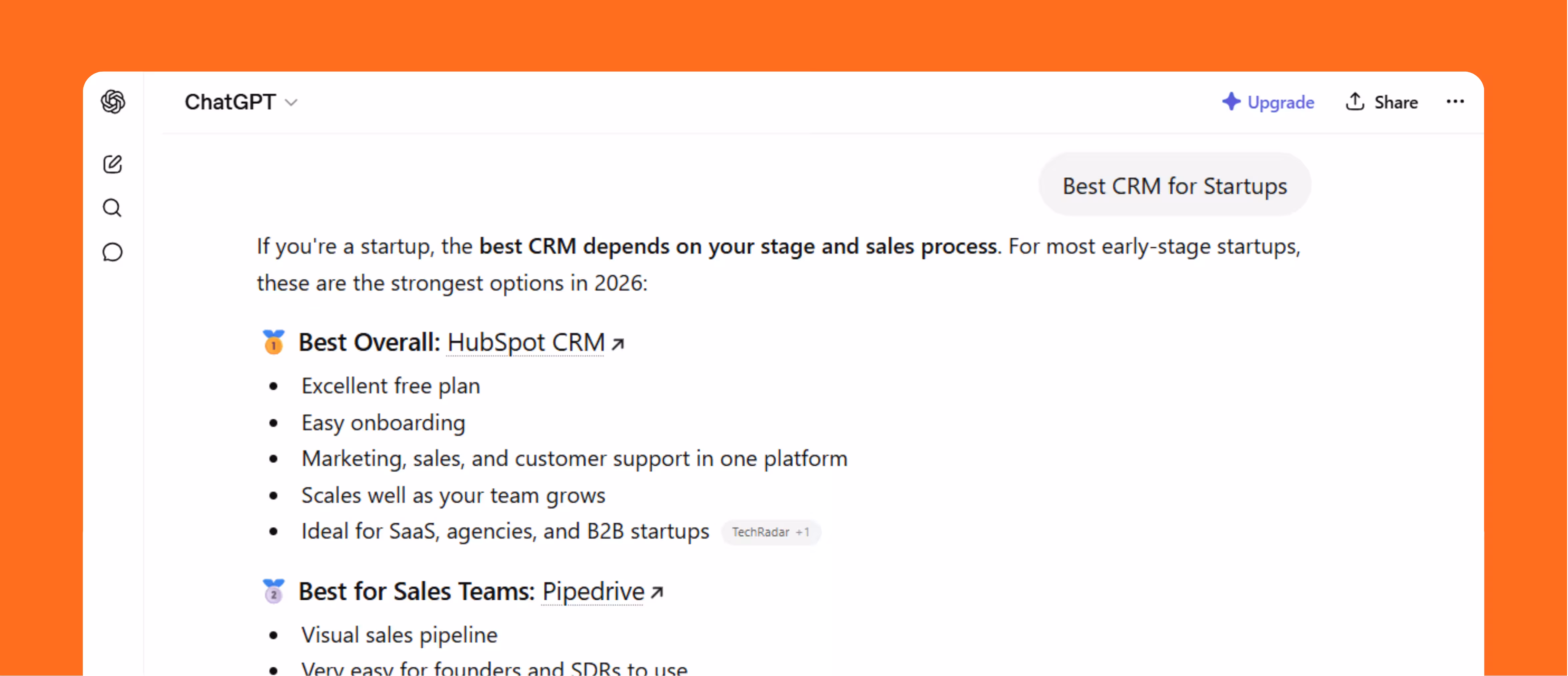 ChatGPT best CRM for startups recommendation example